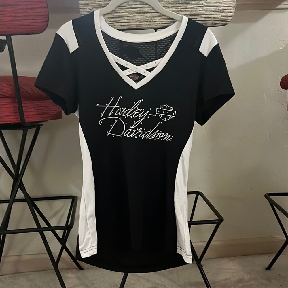Harley-Davidson Women's Black and White Top w/ Rhinestones